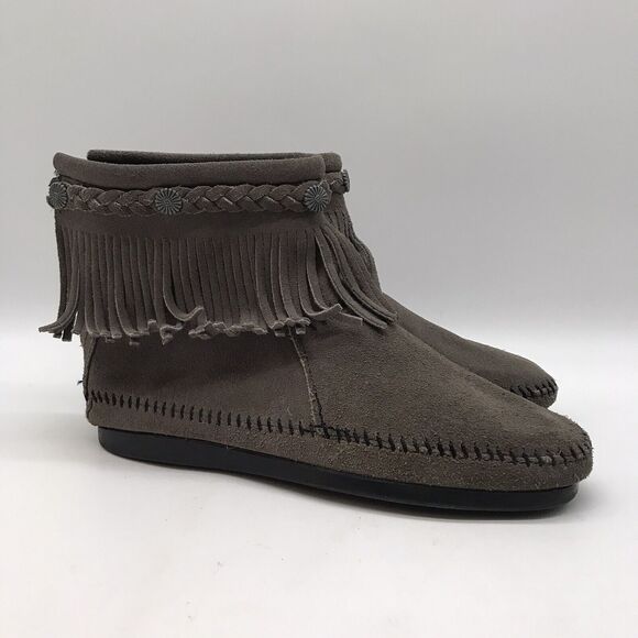 Minnetonka Gray Suede Moccasins Women's 7 Braided Fringe Back Zip Bootie 291T - Picture 3 of 10